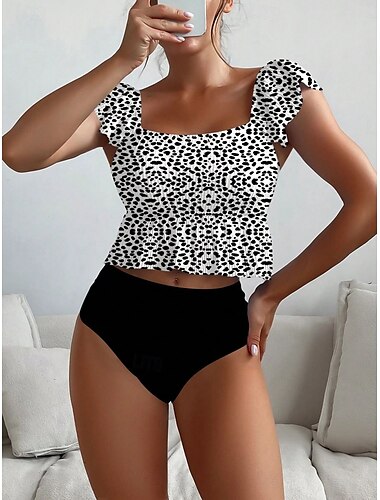  Damen Badeanzug Tankini 2 Stück Unterhosen Bademode Rüsche Rückenfrei Hohe Taillenlinie Urlaub Strandbekleidung Punkt Rundhalsausschnitt Ärmellos Badeanzüge