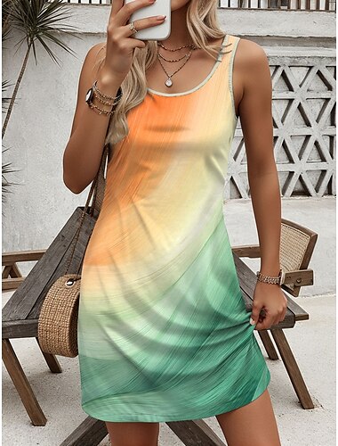  Dames Mini Jurk Petite Jurk Zomerjurk A-lijn Jurk Tank Jurk Vintage Stijlvol Casual Vakantie Dagelijks Holiday Losse Pasvorm Ombre Mouwloos Crew Neck Oranje Zomer Lente