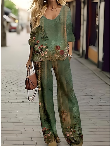  Ensemble de 2 pièces chemise basique néon et lumineuse blouse à manches 3/4 col en V imprimé floral décontracté similaire au lin vert été coupe régulière