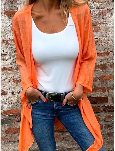  Damen Knopfleiste Bluse Kunstbaumwollleinen Einfarbig Täglich Stilvoll Lässig Langarm V Ausschnitt Lange Oberteile Täglich Rosa Orange Beige Grau Sommer Frühling Herbst