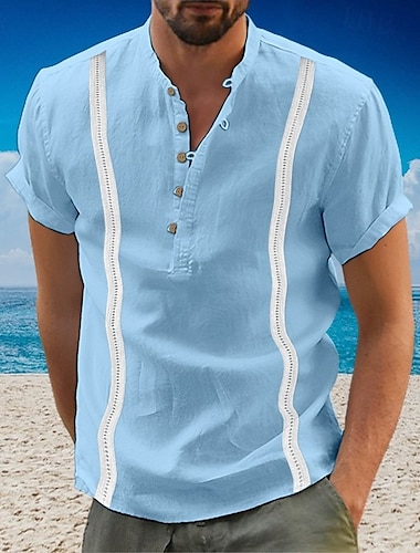  Voor heren Overhemd Popover-shirt Zomer overhemd Normaal shirt Strand hemd Overhemd met knopen Wit Marineblauw Blauw Groen Korte mouw Boho Paisley Damast Band Kraag Henley Vakantie Hawaii Gesp Kleding
