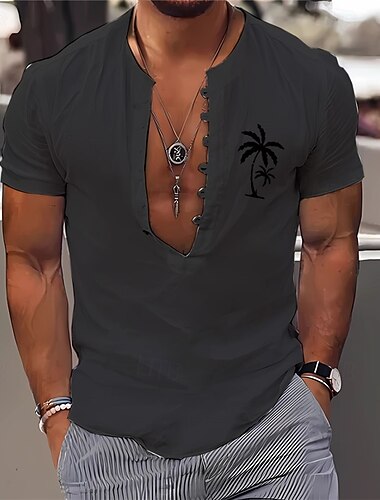  Herren Hemd Minimalistisches Aloha-Shirt Popover-Hemd Sommerhemd Freizeithemd Strandhemd Schwarz Weiß Hellgrün Blau Kaki Kurzarm Klassisch Stehkragen Henley Urlaub Hawaiianisch Schnalle Bekleidung