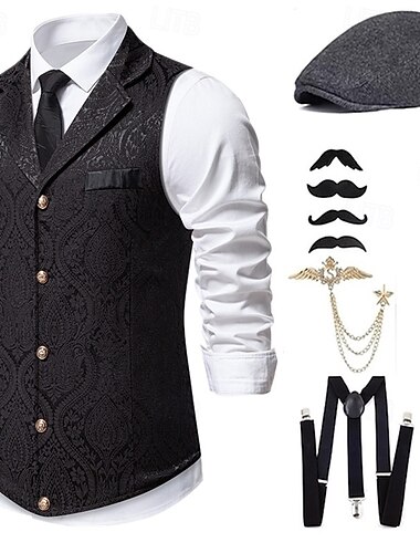  Anni 1920 Ispirato al vintage Il grande Gatsby Costume da festa Mascherata Set di accessori Senza maniche Stampa Collo ripiegato Per uomo Halloween Festa & Sera Casual Quotidiano Adulti Gilet Cappello