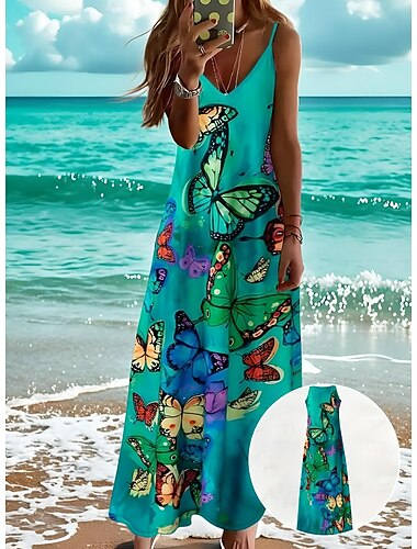  Kvinnors Maxi-klänning Avslappnad Klänning Sommardress A-linje Klänning Semester Tropical Avslappnad Semester Avslappnad Daglig Regular Fit Blommig Fjäril Ärmlös V-ringad Grön Sommar Vår