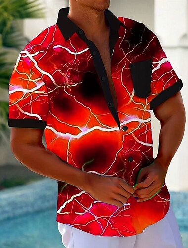  Herren 3D-Druck Aufhellung Hemd Knopfhemd Kurzarm Modisch lässig Urlaub Festtage Strandbekleidung Sommer Frühling Umlegekragen 3D-Druck Hemden mit Kragen Eine Tasche vorne Rote Blau Purpur