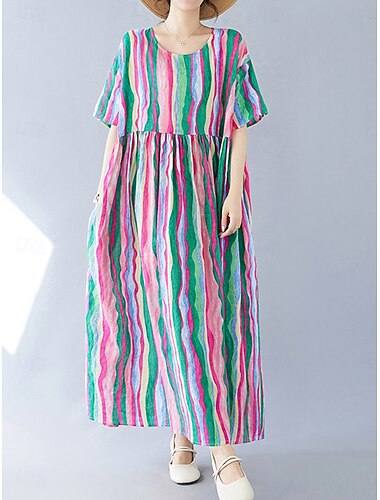  Pentru femei Rochie Maxi Rochii de in bumbac Rochii Boho Chic De Bază Casual Vacanță Zilnic Fit regulat Bloc Culoare Manșon scurt Stil Nautic Curcubeu Vară
