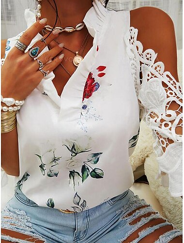  Damen T Shirt Blumen Elegant Vintage Modisch Langarm V Ausschnitt Normale Oberteile Täglich Ausgehen Wochenende Patchwork Öse Bedruckt Weiß Rosa Blau Grün Sommer Frühling