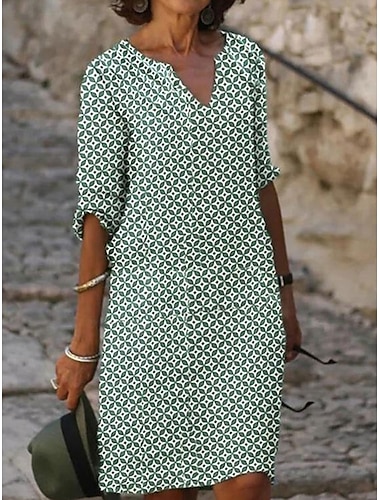  Femmes Mini Robe Robes en coton et lin Robe Décontractée Élégant Basique Occasionnel Vacances Quotidien Coupe régulière Géométrique Manche Courte Col en V Jaune Bleu Vert Gris Été Printemps