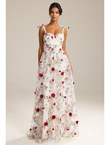  A-Line Prom Dresses Elegant Dress Formal Wedding Floor Length Sleeveless Spaghetti Strap Polyester with Floral Print Embroidery