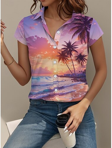  Women's Shirt Tree Hawaiian Tropical Hawaiian Short Sleeve Shirt Collar Regular Tops Buttons Print Purple Summer