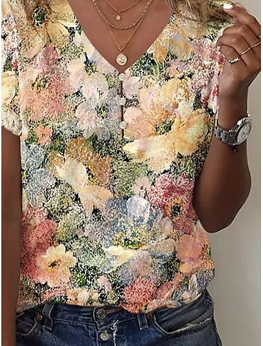  Vrouwen blouse bloemen grafisch casual korte mouw V-hals reguliere tops dagelijks knopen print geel zomer