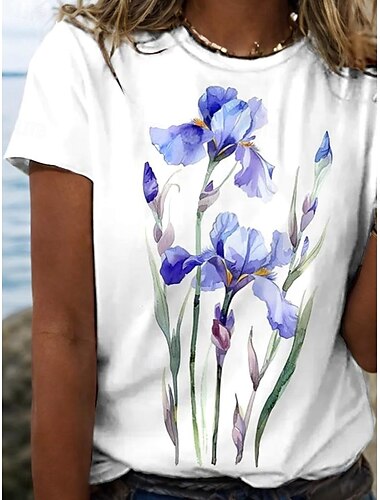  Damen T Shirt Blumen Brautkleider schlicht Kurzarm Gekerbter Hals Normale Oberteile Täglich Bedruckt Weiß Sommer Frühling