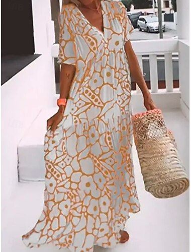  Women's Maxi Dress Casual Dress Stylish Casual Vacation Daily Regular Fit Floral Half Sleeve V Neck Black Pink Orange Green Summer