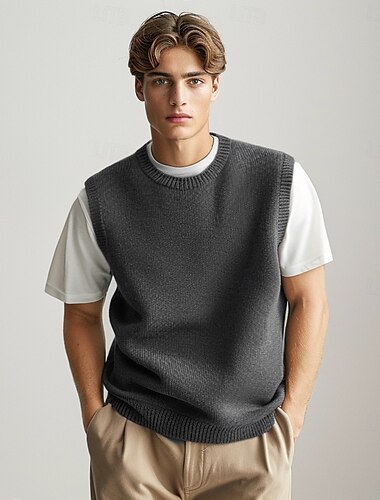  Herr Tröja väst Sticka Crewneck Ensfärgat Rund hals Stickat Elegant Skola Formell Kläder Vår Höst Svart Marinblå S M L