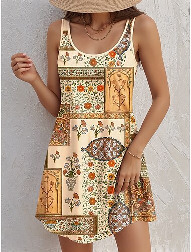  Dames Mini-jurk A lijn jurk Tank-jurk Vintage Stijlvol Casual Dagelijks Normale pasvorm Bloemig Grafisch Kleurenblok Mouwloos U-hals Geel Zomer Lente