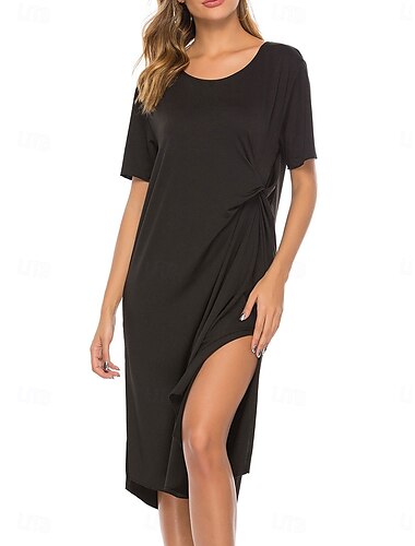  Damen Midi Kleid Wickelkleid T-Shirt Kleid Tee Kleid Einfarbig Shift Kleid Freizeit Urlaub Alltag Reguläre Passform Grafik Kurzarm Rundhals Schwarz Sommer