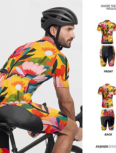  男性用 ショーツ付きサイクリングジャージー 半袖 マウンテンサイクリング ロードバイク ブラック イエロー ピンク 花 植物 バイク スパンデックス スポーツ 花 植物 衣類