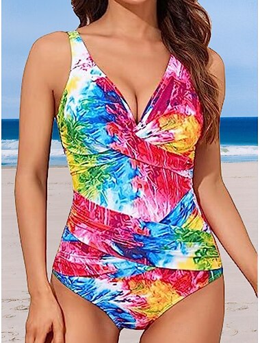  Dames Zwemkleding Een stukje Monokini Zwempak Blote rug Buikcontrole Hoge taille Slank Vakantie Strand Kleding Luipaard Tie Dye V-hals Mouwloos Badpakken