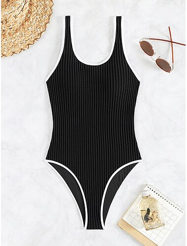  Damen Badeanzug Ein Stück Monokini Bademode Rückenfrei Bauchkontrolle Hohe Taillenlinie Schlank Urlaub Strandbekleidung Feste Farbe U-Ausschnitt Ärmellos Badeanzüge
