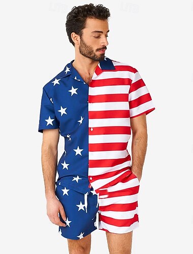  Per uomo Bandiera Americana 2 pezzi Set di camicie Camicia Manica Corta Pantaloni corti Colletto cubano Vacanza Stile da Strada Feste Casuale Quotidiano Stampa 3D Estate Rosso rubino