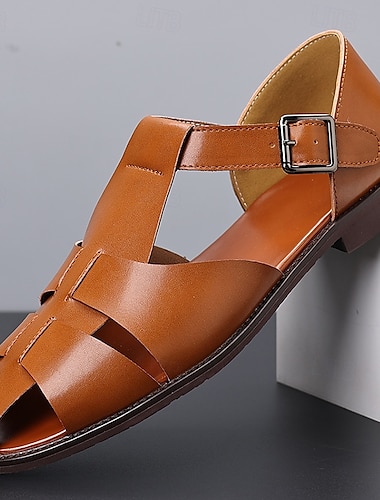  sandales à bout ouvert en similicuir marron clair pour hommes avec bride à boucle réglable, style décontracté à porter au quotidien