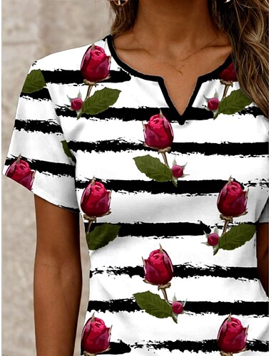  Women's T Shirt Floral Striped Casual Short Sleeve Notched Neck Regular Tops Daily Print Wine Summer Spring
