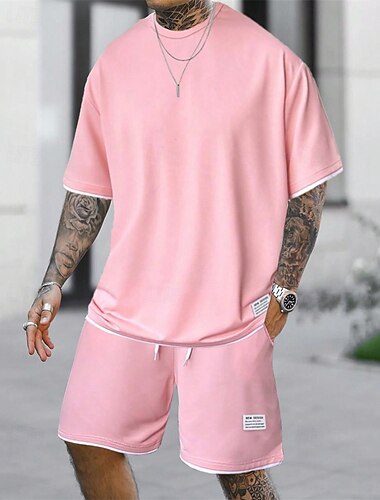  Hombre Conjunto de entrenamiento Tracksuit Camiseta y pantalones cortos Conjunto Conjunto de atuendo Cuello Barco Exterior Diario Deportes Bolsillo Correa 2 Piezas Plano Verde Claro Rosa Rojo
