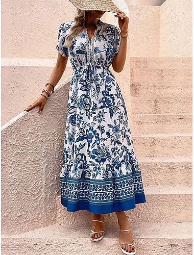  Per donna Vestito maxi Abito linea A vestito a flori Abito boho Moda Informale Da mare Informale Giornaliero Standard Floreale Manica corta A V Blu Estate Primavera