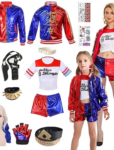  harley quinn kostuums 13-delige set joker 2 zelfmoord squad clown cosplay kostuum outfits met pruiken accessries geborduurde dames meisjes film cosplay halloween carnaval prestatie feest