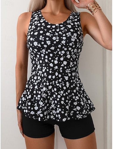  Femme Maillots de Bain Tankini 2 pièces Jambe de garçon Maillot de bain Dos Nu Taille haute Vacances Tenues de plage Floral Col Rond Sans Manches Maillots de bain