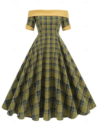  エレガント 1950年代風 ビンテージ 膝丈 ドレス Aラインドレス ティードレス チェック Ａライン 仮装 女性用 クリスマス カーニバル 新年 同窓会 デイリーウェア バチェロレッテパーティー 成人 ホームカミングドレス 夏