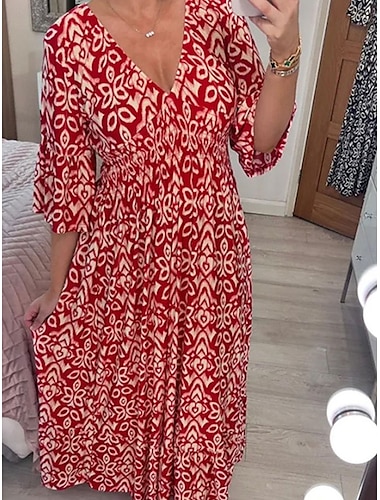  Dames Lange jurk maxi-jurk Casual jurk Boho chique jurken Boho-jurk Elegant Bohemen Stijlvol Vakantie Casual Dagelijks Normale pasvorm Grafisch Korte mouw V-hals Rood Marineblauw blauw Groen Zomer