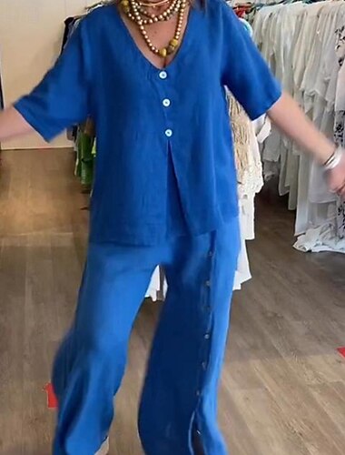  בגדי ריקוד נשים אופנתי סגנון רחוב חולצה סטים של פשתן כותנה סטים של שני חלקים מכנסי פשתן מכנסיים שרוולים קצרים צווארון V צבע אחיד שרוך לבוש יומיומי פגישה (דייט) שחור לבן פול קיץ רגיל