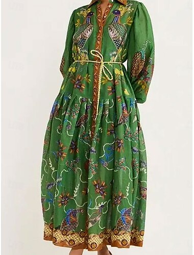  Damen Midikleid A Linie Kleid Figurbetontes Kleid Urlaub Laternenärmel Urlaub Casual Täglich Regular Fit Graphic Kurzarm Hemdkragen Grün Sommer