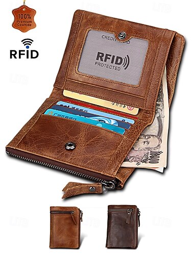  rfid-blockerande läderplånbok för män – premium kohud med dragkedja, flera kortfack och valutafack – snygg och säker vardagstillbehör svart brun