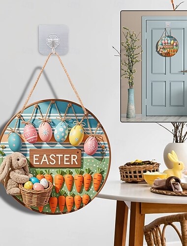  Placa de madeira de Páscoa com coelhinho da Páscoa, boas-vindas, para pendurar na porta, decoração de parede com atmosfera festiva, decoração de fundo para o festival da primavera, artesanato em