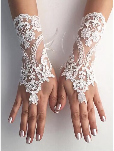  elegante weiße Spitzen-Brauthandschuhe – fingerlose Vintage-Hochzeitshandschuhe mit Blumenstickerei für Bräute und formelle Anlässe