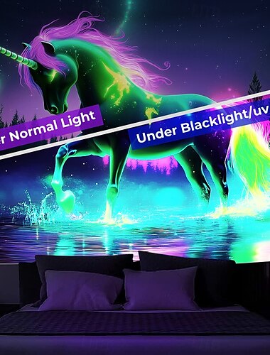  ブラックライト タペストリー グローインザダーク グローパーティー UV 反応 ユニコーン 動物 トリッピー ミスティ 自然風景 吊り下げタペストリー 壁アート 壁画 リビングルーム 寝室