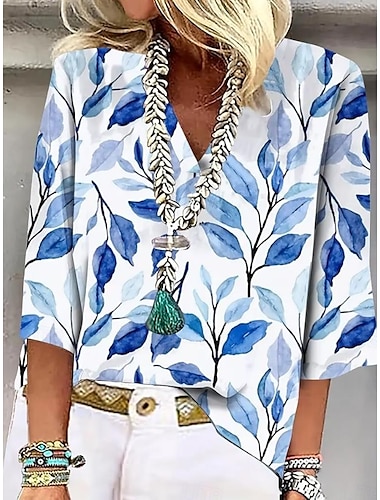  Chemise pour femme Floral Vintage Tropical Quotidienne Manche 3/4 Col en V Tops Regulaires Daily Imprimé Bleu Été Printemps