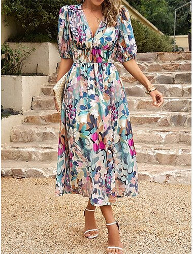  Damen Midi Kleid Korsett Kleid A-Linien Kleid Urlaub Casual Täglicher Urlaub Regelmäßige Passform Grafik Kurzarm V-Ausschnitt Schwarz Hellgrün Rot Blau Sommer