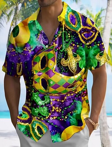  Martedì grasso Per uomo Maschera Carnevale Camicia Camicia con bottoni Manica corta Moda Casual Da mare Regalo Per eventi Estate Primavera Collo ripiegabile camicie con colletto Una tasca anteriore