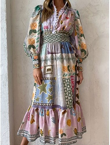  Dames Halflange jurk Corset Jurk Zonnejurk Fit And Flare-jurk Jurk met pofmouwen Vakantie Vakantie Straat Casual Normale pasvorm Grafisch Lange mouw V-hals Regenboog Zomer