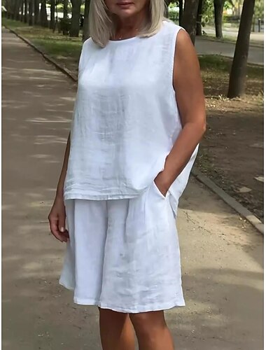  Damen Mode Streetwear Täglich Zweiteilige Sets Bluse Baggy-Shorts Ärmellos Rundhalsausschnitt Einfach Patchwork Lässig Täglich Weiß Khaki Sommer Normale Passform