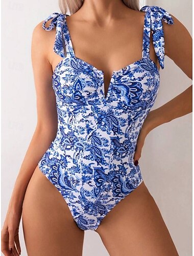  Damen Badeanzug Ein Stück Monokini Bademode Rückenfrei Bauchkontrolle Hohe Taillenlinie Schlank Urlaub Strandbekleidung Blumen V-Wire Ausschnitt Ärmellos Badeanzüge