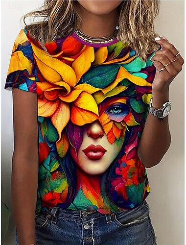  Femme T shirt Abstrait Décontractées Manche Courte Col Rond Hauts réguliers du quotidien Imprimer Vert cendré Eté
