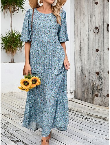  Women's Maxi Dress Puff Sleeve Dress Casual Lantern Sleeve Vacation Casual Daily Regular Fit Graphic 3/4 Length Sleeve Crew Neck Light Blue Summer