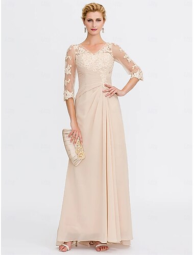 A-Line Mother of the Bride Dress Wedding Guest Elegant Plus Size See Through V Neck Floor Length Chiffon Half Sleeve with Appliques Side Draping