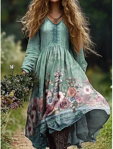  Femme Robe Maxi Robe casual Robe Évasée robe boheme Bohême Rétro Vintage Ethnique Vacances du quotidien Standard Floral manche longue Col Ras du Cou Blanche Vin Fuchsia Vert Eté Printemps