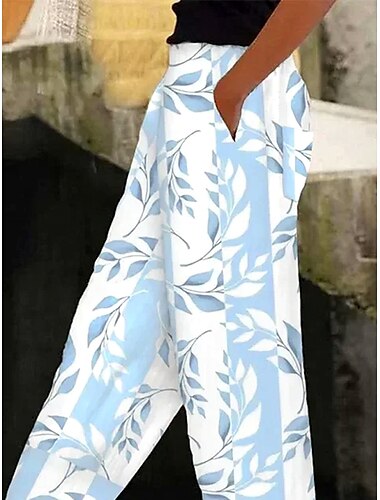  Pantalones baggy de algodón y lino para mujer Moda elegante vintage Largos Cintura alta Estampado gráfico de hoja Geométrico Transpirable Suave Micro-elástico Exterior Diario Lino Azul bebé Ajuste