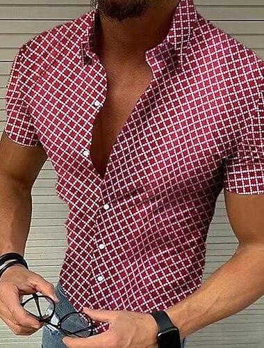  Men's Shirt Summer Shirt Casual Shirt Beach Shirt Button Up Shirt Black White Red Blue Green Short Sleeve Geometric Argyle Lapel Vacation Hawaiian Buttons Clothing Apparel Polyester Fashion Casual